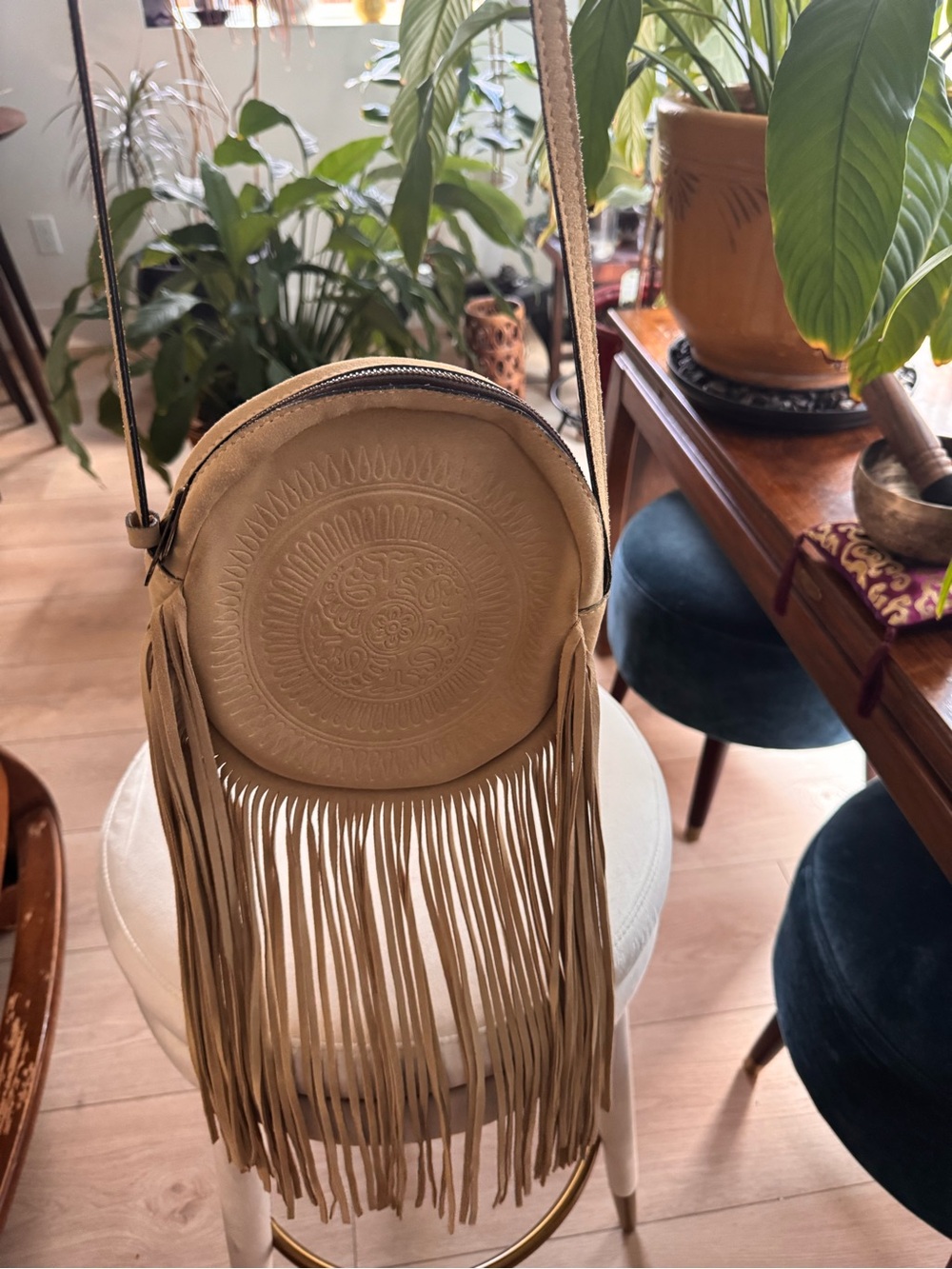 Patricia Nash Tan Fringe Circle Crossbody Bag with Embossed Medallion